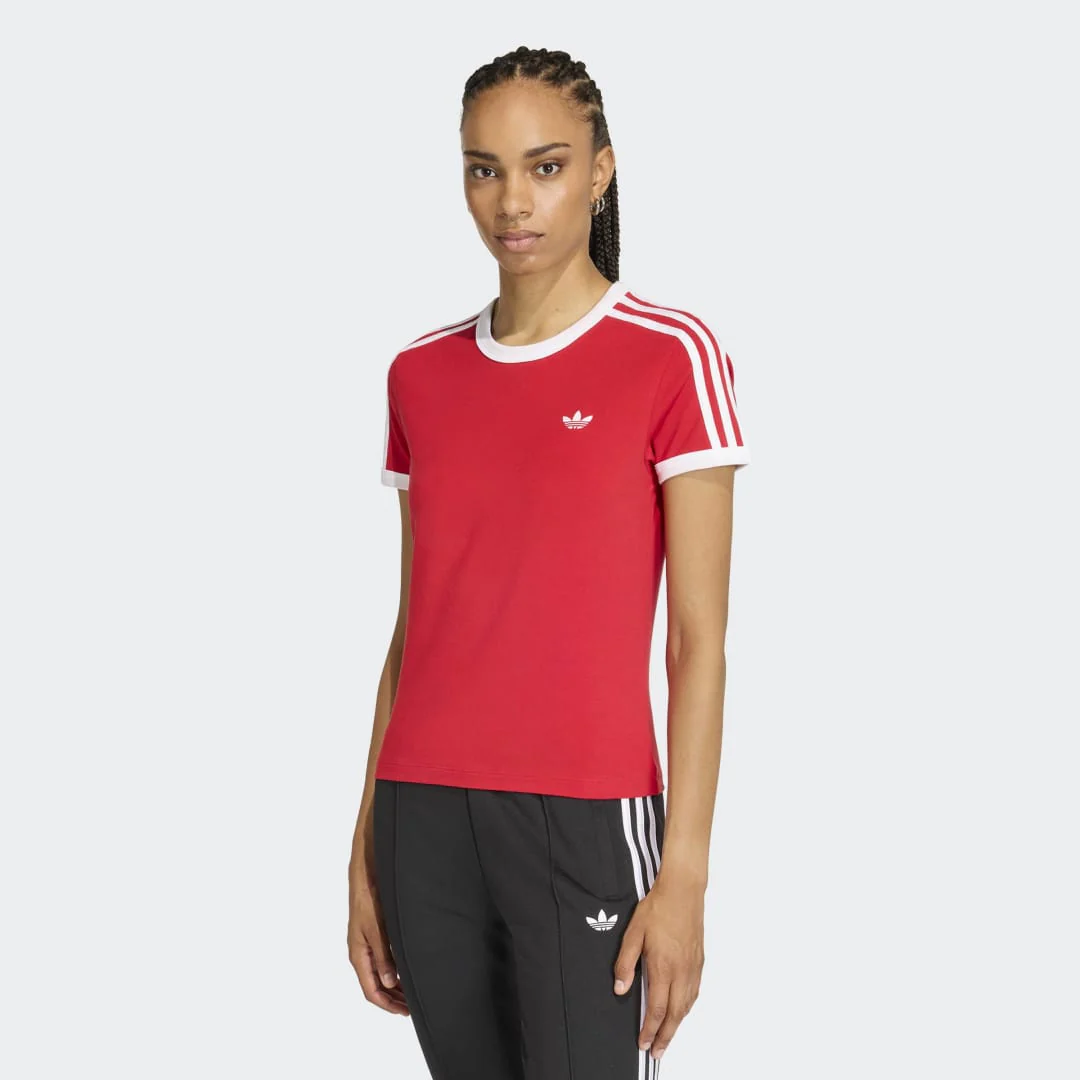 Womens 3 Stripes Slim T-Shirt - Better Scarlet / White - Image 2