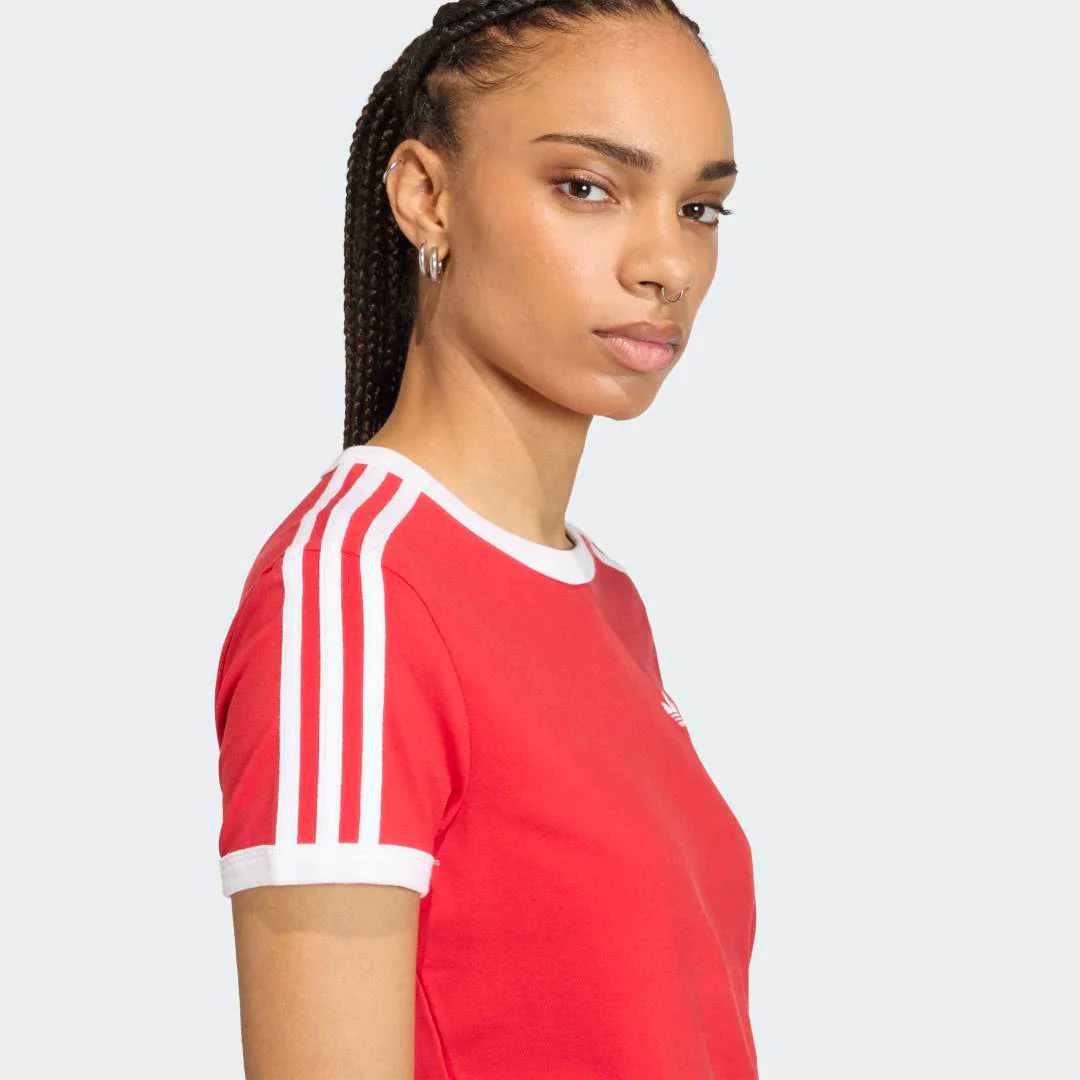Womens 3 Stripes Slim T-Shirt - Better Scarlet / White - Image 4