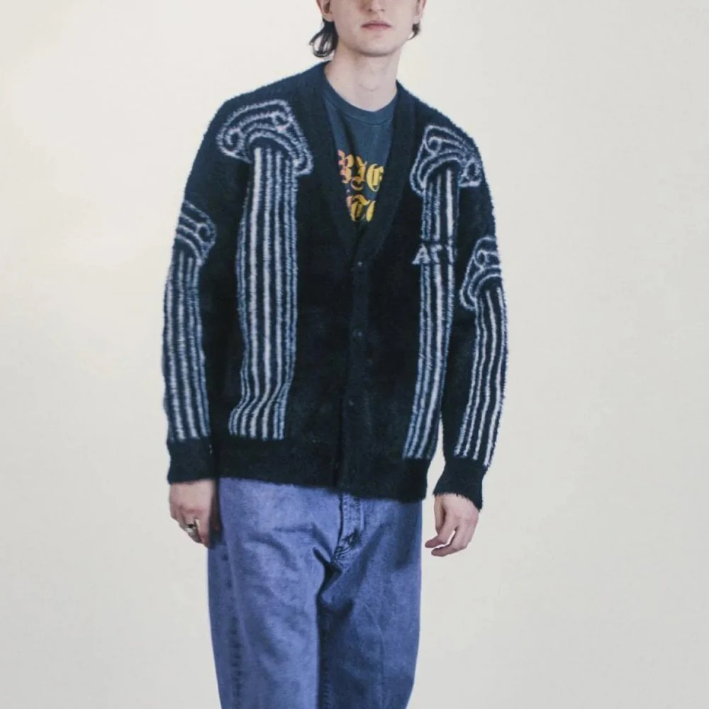 Oversized Chenille Column Knit Cardigan - Black - Image 6