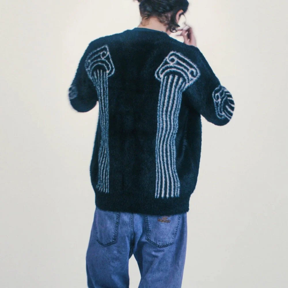 Oversized Chenille Column Knit Cardigan - Black - Image 7