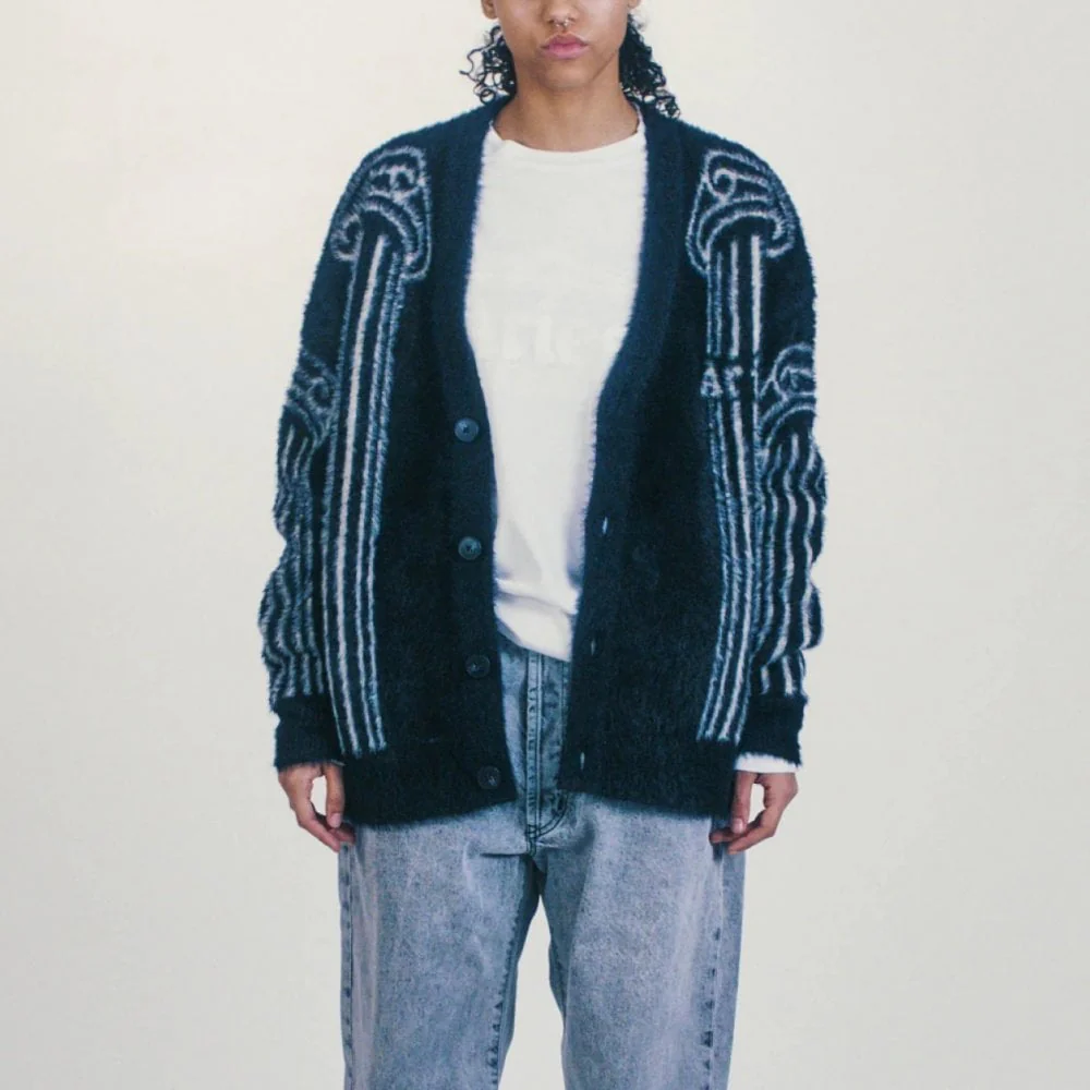 Oversized Chenille Column Knit Cardigan - Black - Image 8