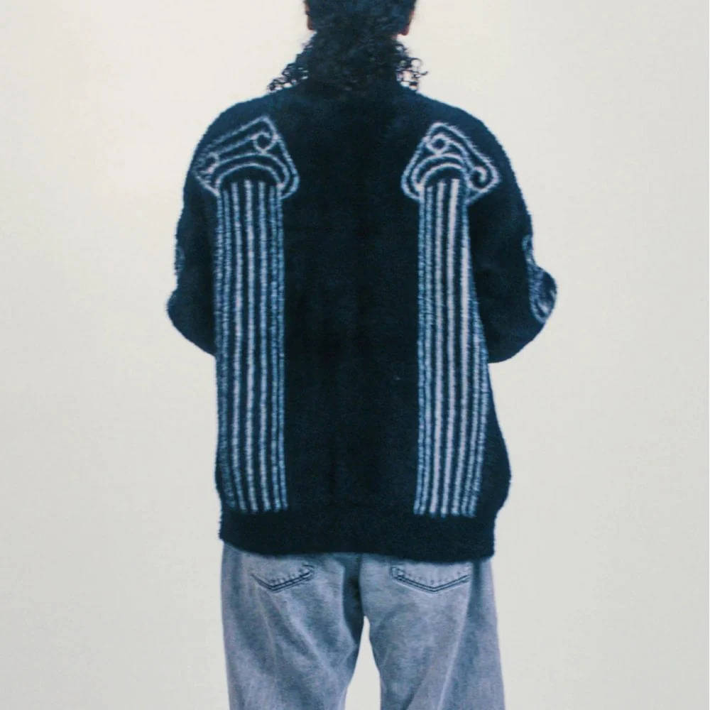 Oversized Chenille Column Knit Cardigan - Black - Image 9