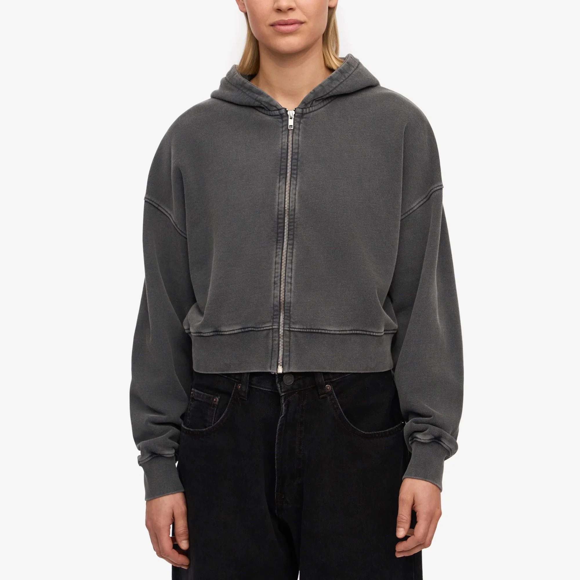 Women's Organic Crop Zip Hood - Faded Black - Image 2