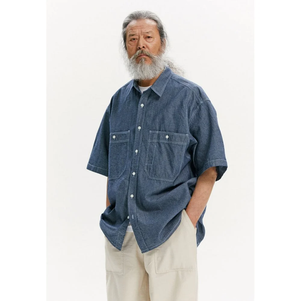 Chambray Big Pocket Half Shirt - Blue - Image 4