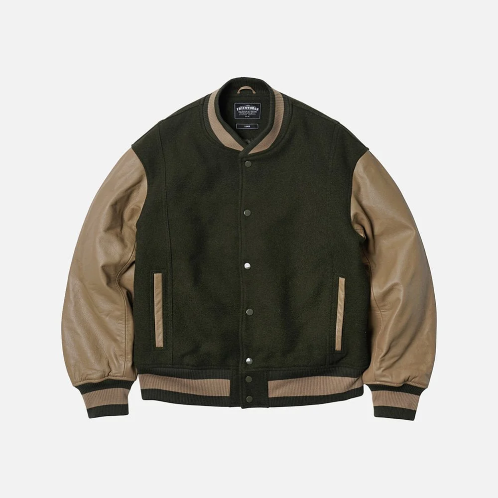 Cowhide Leather Varsity Jacket - Olive