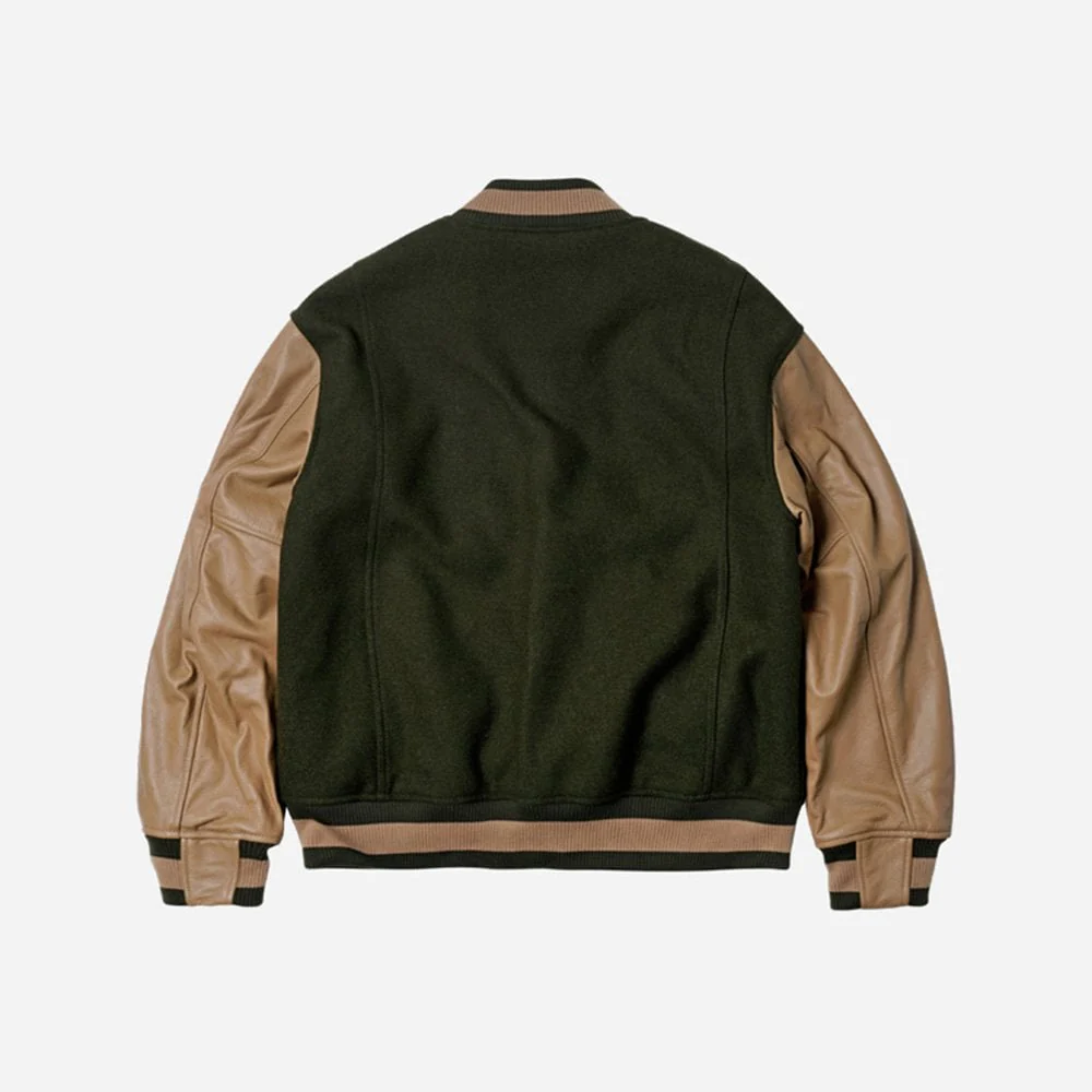 Cowhide Leather Varsity Jacket - Olive - Image 2