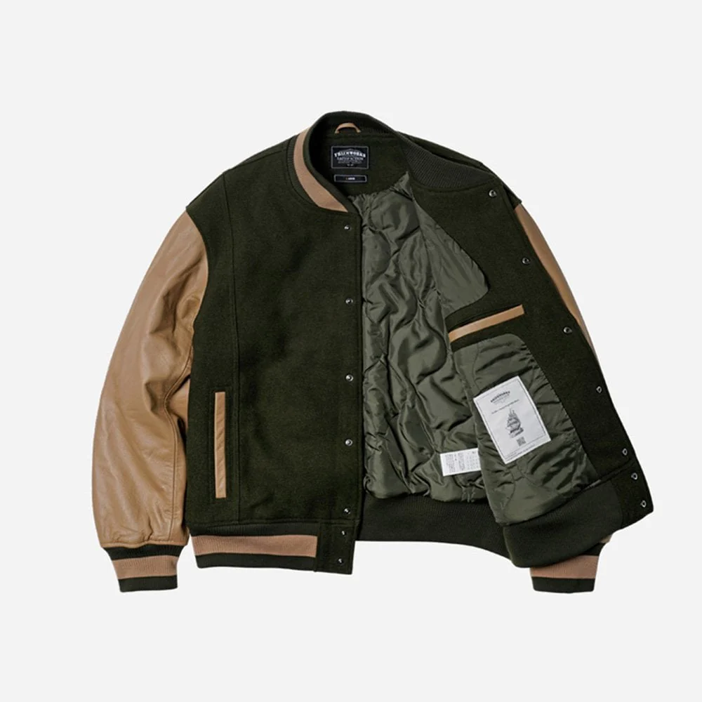 Cowhide Leather Varsity Jacket - Olive - Image 3