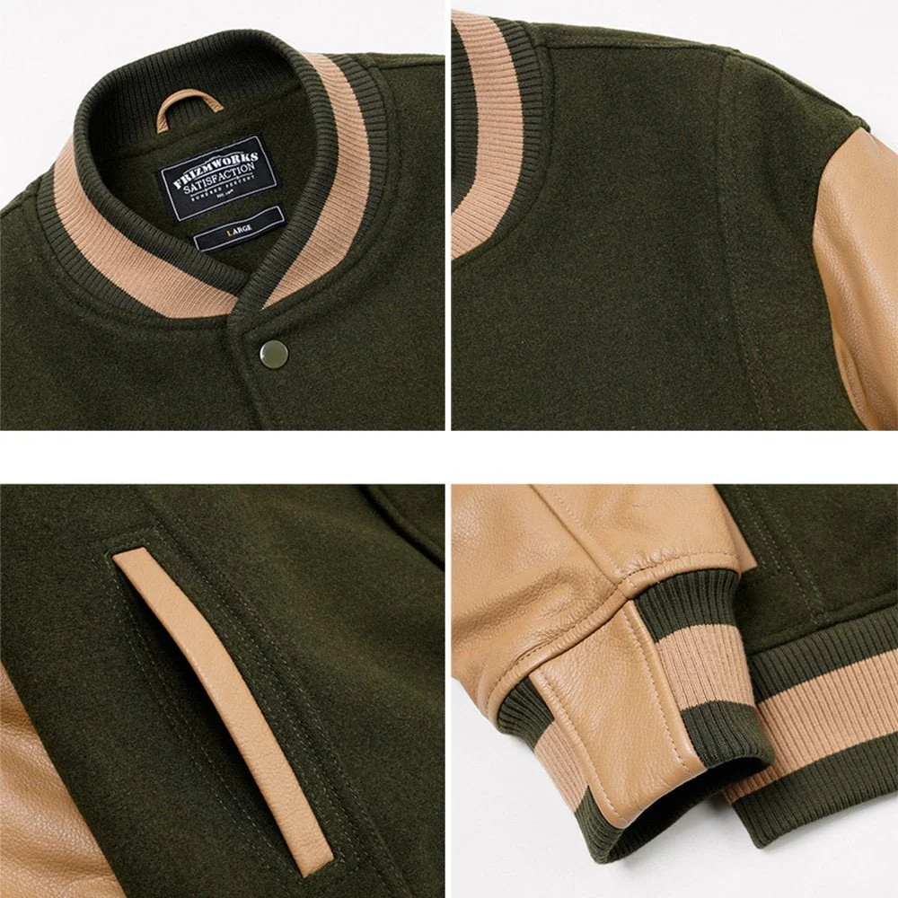 Cowhide Leather Varsity Jacket - Olive - Image 4