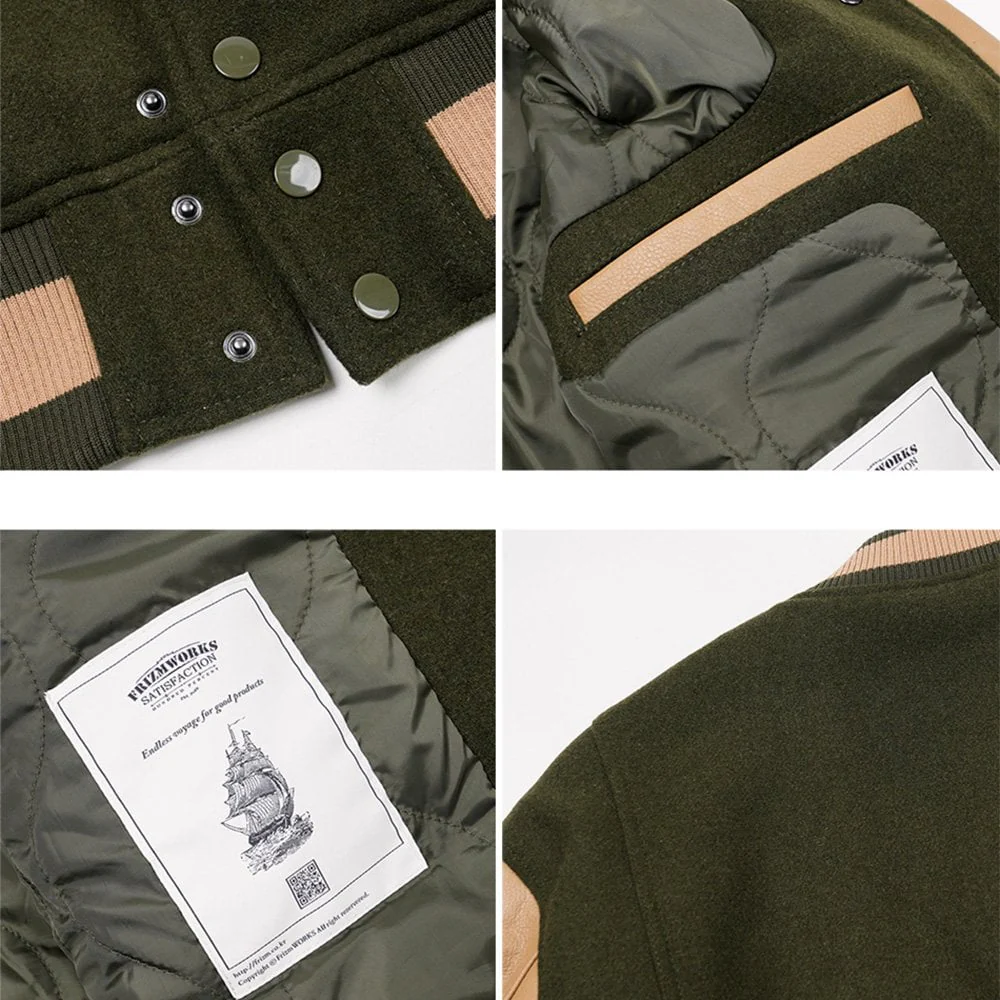 Cowhide Leather Varsity Jacket - Olive - Image 5