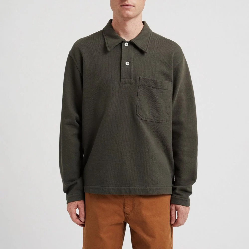 Fraser Relaxed Organic Loopback LS Polo - Black Olive - Image 3