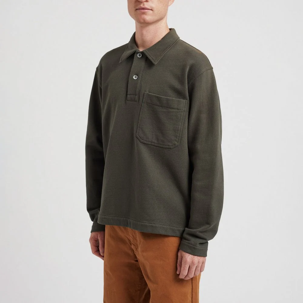 Fraser Relaxed Organic Loopback LS Polo - Black Olive - Image 4