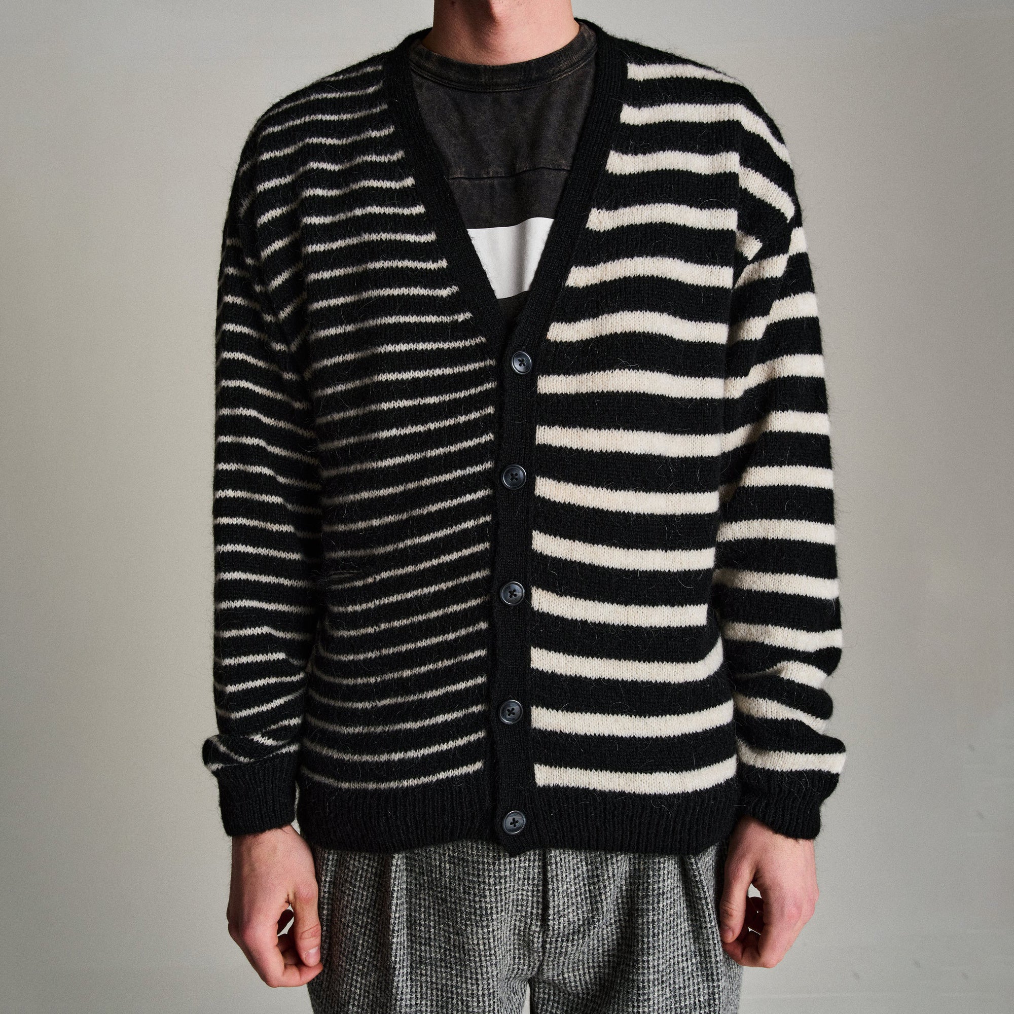 Mohair Striped Knitted Cardigan - Black/White - Image 2