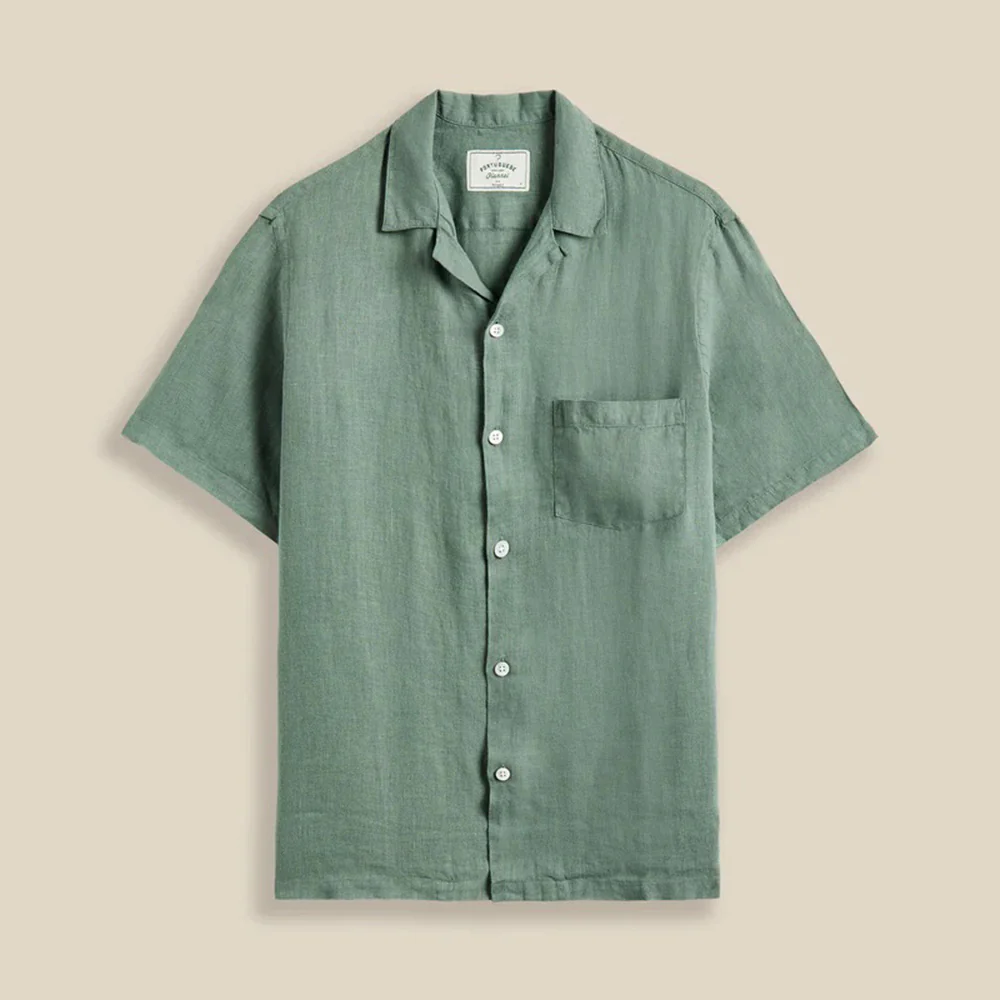 Linen Camp Collar Shirt - Dry Green