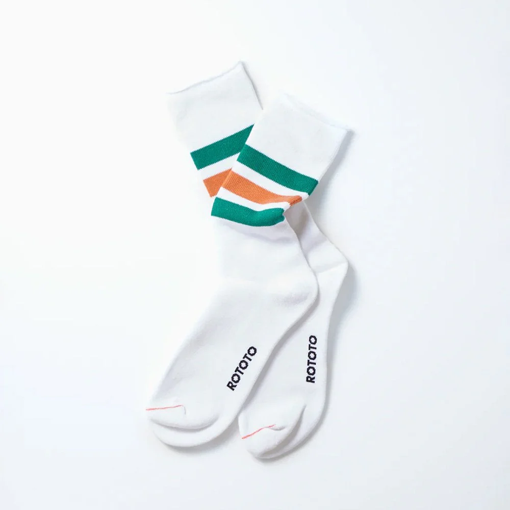 Fine Pile Striped Crew Socks - White / Green / Dark Orange
