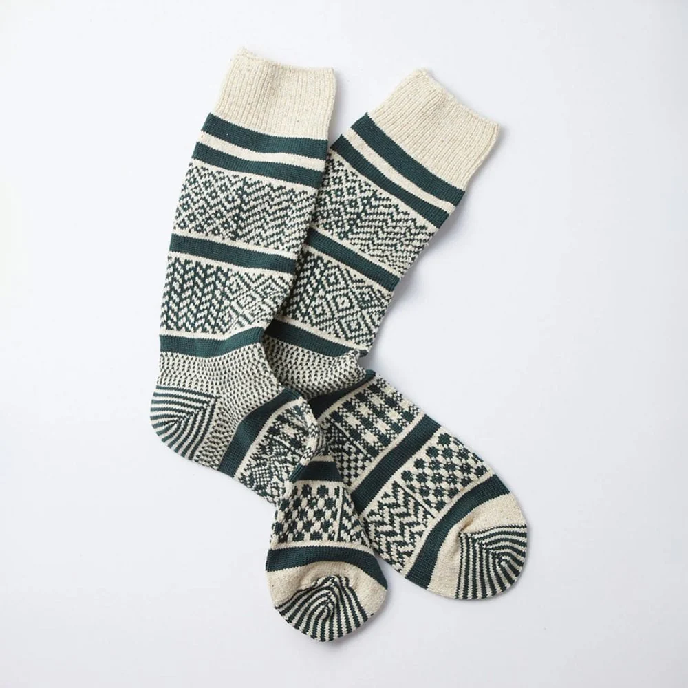 Multi Jacquard Crew Socks - Ivory / Dark Green