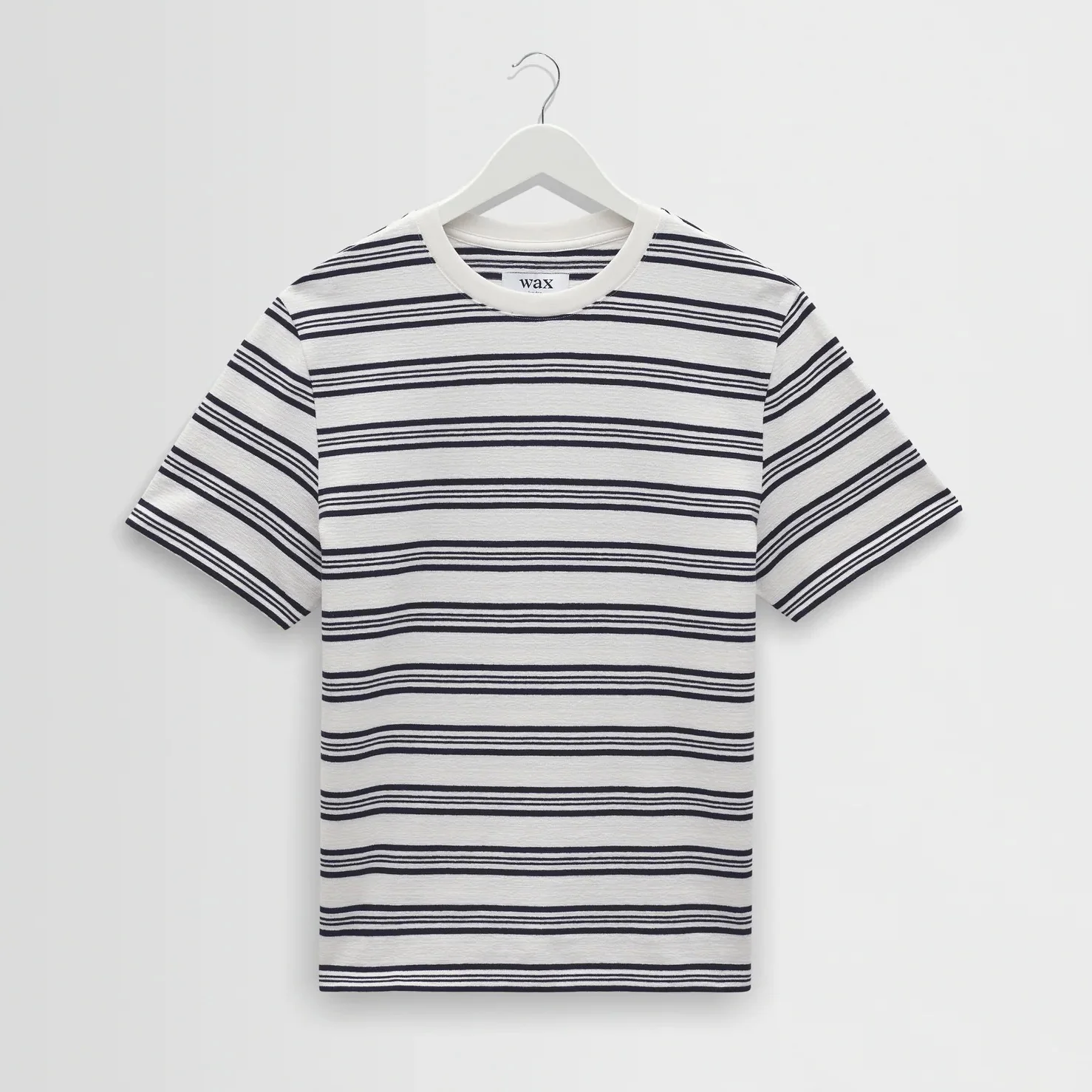 Dean SS Tee, Thin Textured Stripe - Ecru / Navy