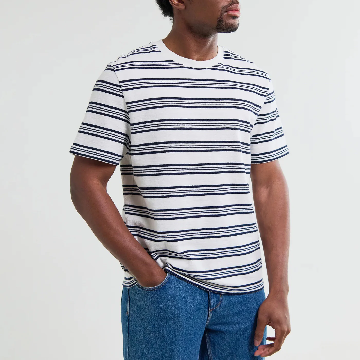 Dean SS Tee, Thin Textured Stripe - Ecru / Navy - Image 4