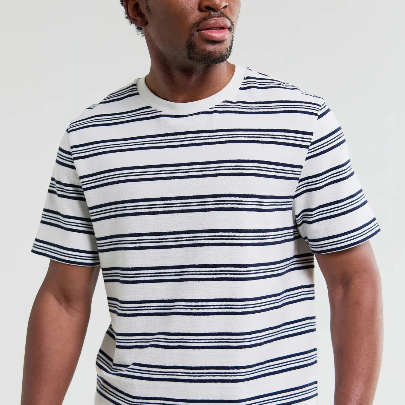 Dean SS Tee, Thin Textured Stripe - Ecru / Navy - Image 5