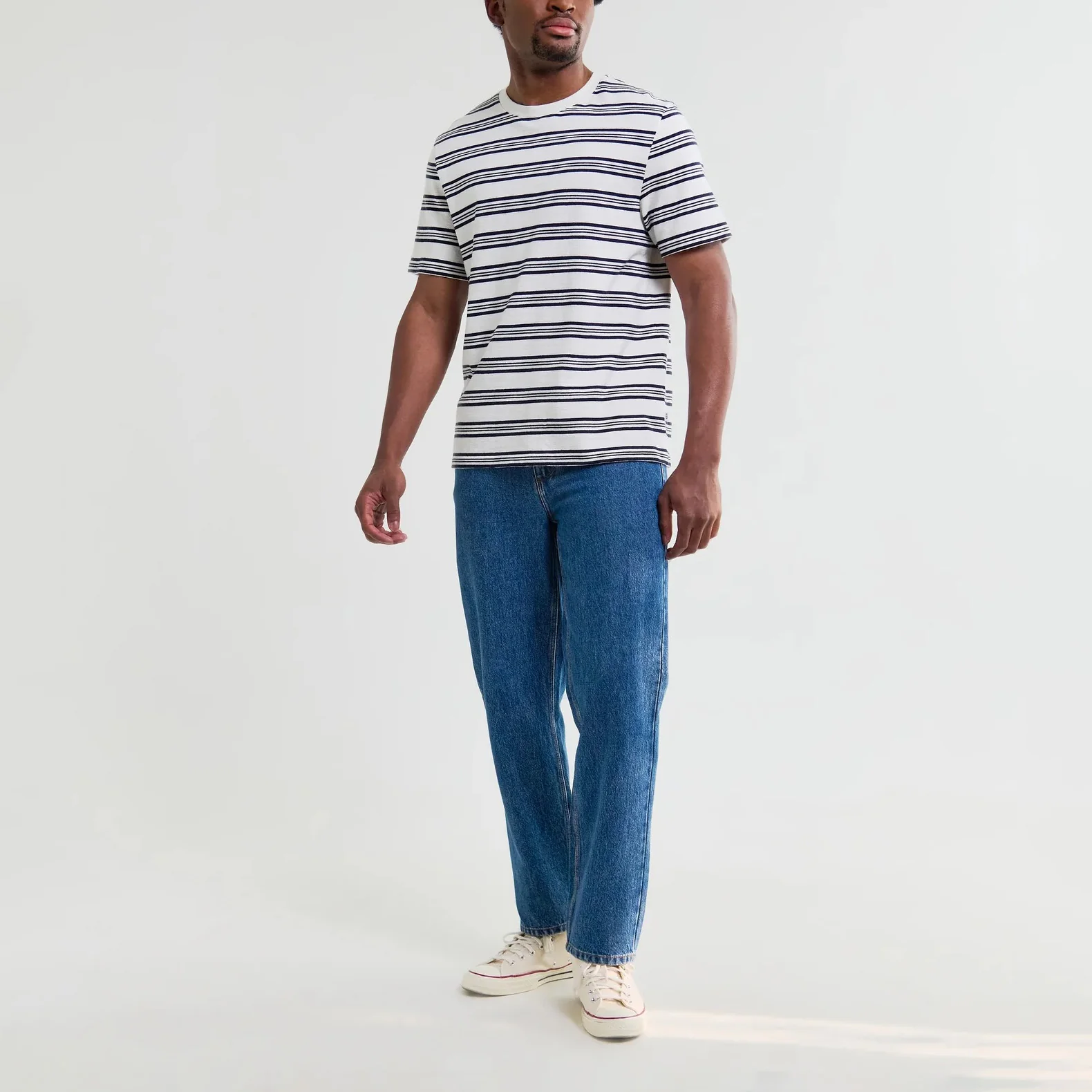 Dean SS Tee, Thin Textured Stripe - Ecru / Navy - Image 7