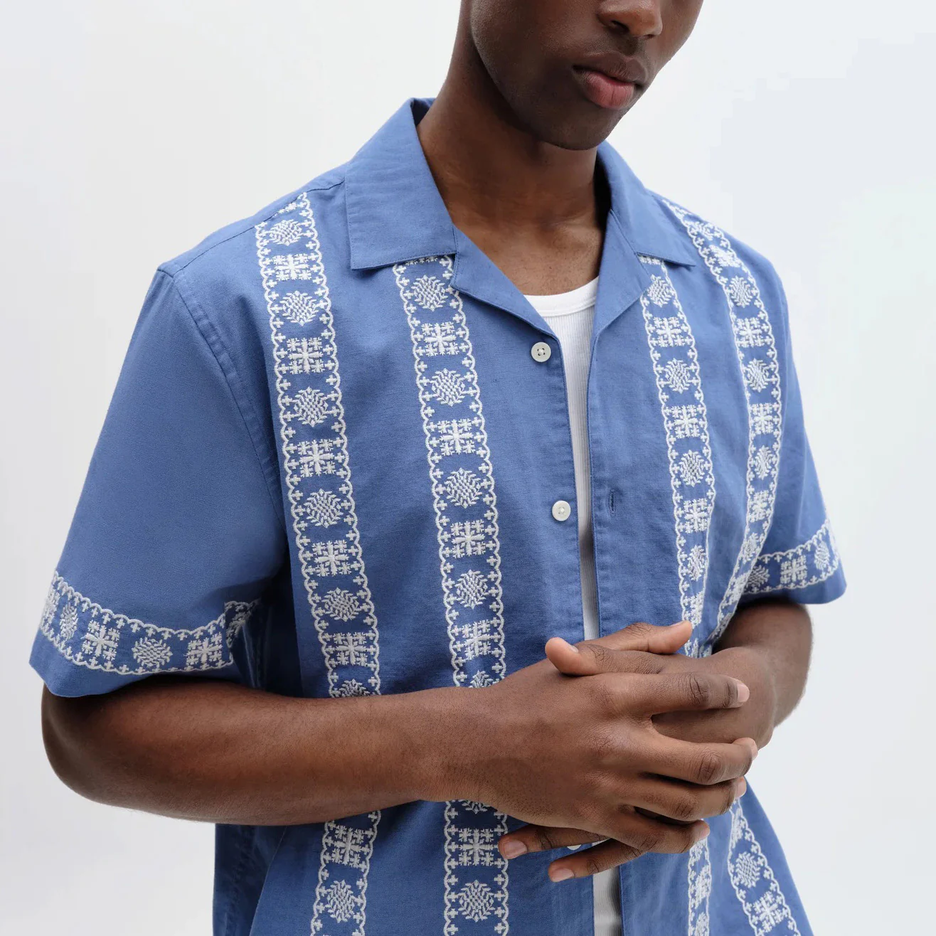 Didcot SS Shirt, Placement Border - Blue / Ecru - Image 3