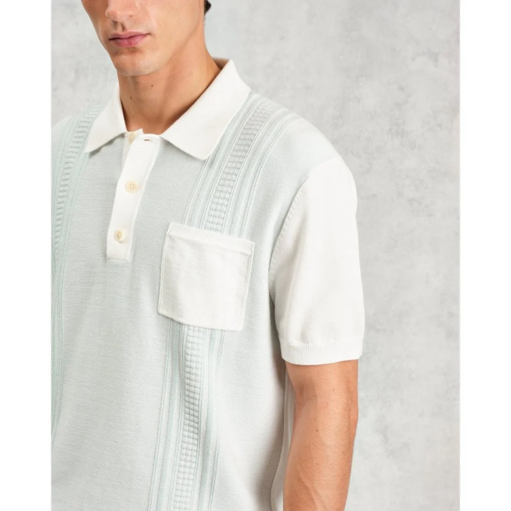 Turin Knitted Pocket Polo, Blue & Ecru Retro Sripe - Image 4